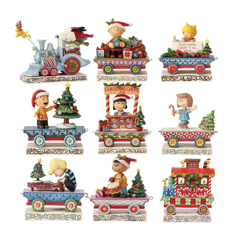Enesco Jim Shore Peanuts Holiday Train Figurines, Set Of 9 3 Enesco Jim Shore Peanuts Holiday Train Figurines, Set Of 9